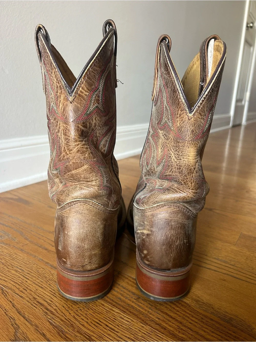 Double H Men's Distressed Brown Leather Western Boots with Red Stitching Accents